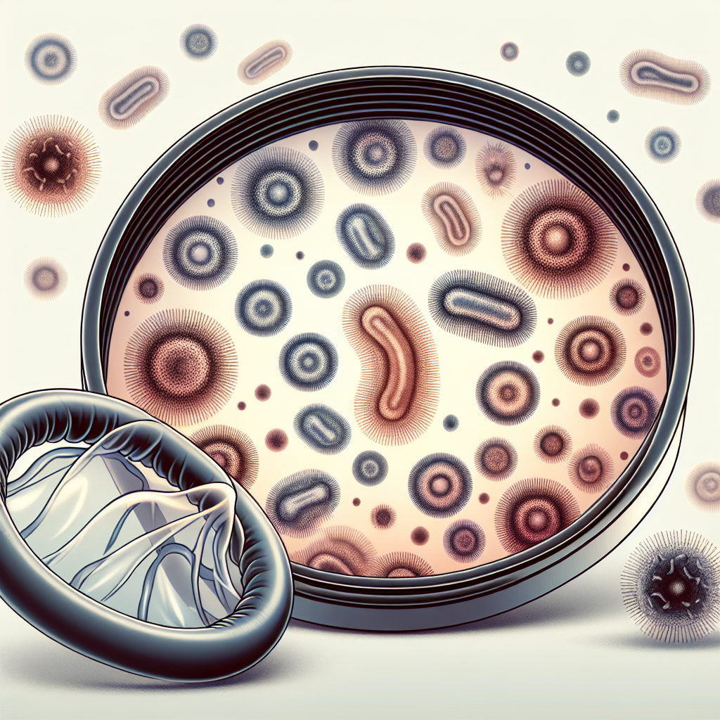 Microscopic view of Chlamydia trachomatis bacteria with a preventive condom in the background