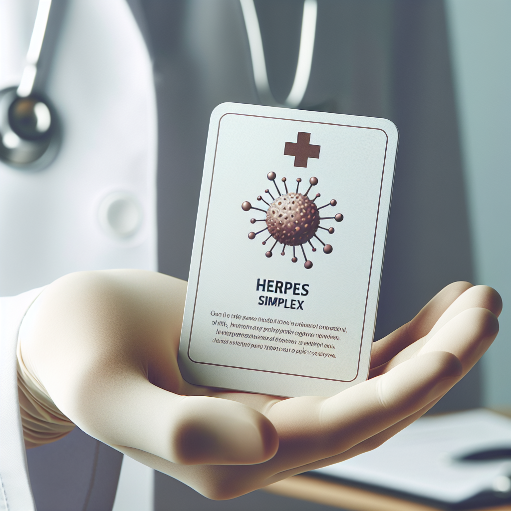 Profesjonelt medisinsk tema: nærbilde av en åpen hånd som holder et informasjonskort om herpes simplex, dempet fargepalett, klinisk ren bakgrunn, illustrasjon av virusikon diskret inkludert