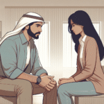 Person snakker rolig med partner i et lyst, nøytralt rom; fokus på støtte, helse og kommunikasjon, moderne stil, rent design