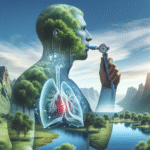 Frisk person i naturlandskap som tar et dypt pust, symboler for lunger og spirometer integrert i bildet, realistisk og oppmuntrende stil