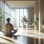 Rolig, moderne scene med en voksen som sitter i lotusposisjon på et lyst rom, mykt naturlig lys, planter i bakgrunnen, minimalistisk stil og fredfull atmosfære