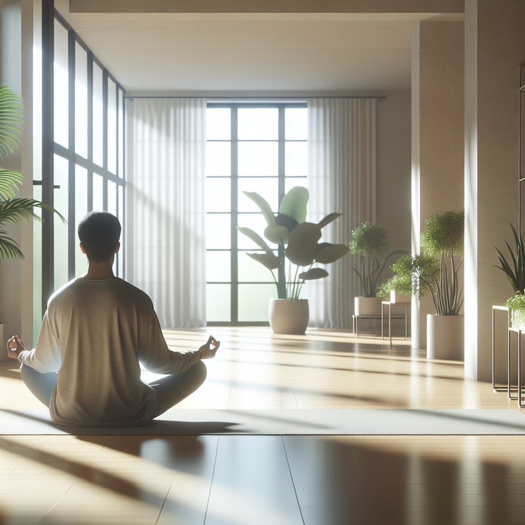 Rolig, moderne scene med en voksen som sitter i lotusposisjon på et lyst rom, mykt naturlig lys, planter i bakgrunnen, minimalistisk stil og fredfull atmosfære