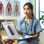 Helsearbeider som forklarer gonore på en klinikk, informasjonsbrosjyrer og modell av bakterier, klart lyssatt og profesjonelt utseende