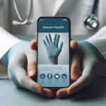 Nøytralt nærbilde av hender som holder en smarttelefon med helseinformasjon om seksuell helse, rolig klinisk bakgrunn i blå og grønne toner
