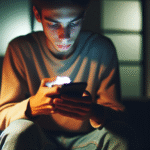 Ung person i trygge omgivelser med smarttelefon, subtilt lys, fokus på refleksjon og digital kommunikasjon, moderne og varm fargepalett