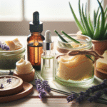 Nærbilde av en naturlig hudpleiescene: glasskrukker med plantesmør, lavendel, aloe vera, dropperflaske med serum og myk naturlig belysning