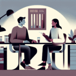 Illustrasjon: to personer i rolig samtale på helsestasjon, testutstyr og informasjonsmateriell, nøytrale dype farger, vennlig og profesjonell atmosfære