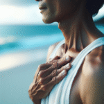 Nærbilde av en voksen person som puster dypt i frisk natur ved kysten, mykt lys, fokus på bryst og velvære, rolig fargepalett