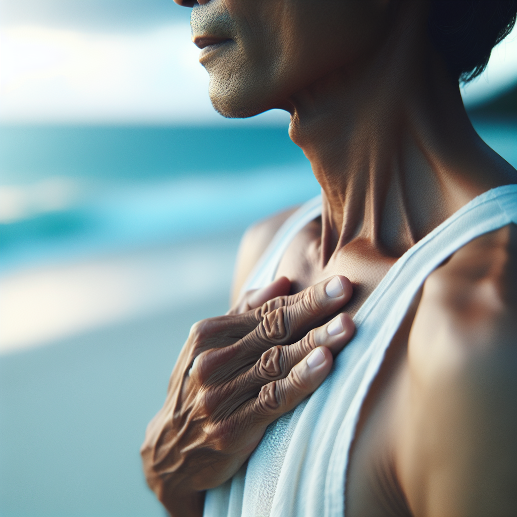 Nærbilde av en voksen person som puster dypt i frisk natur ved kysten, mykt lys, fokus på bryst og velvære, rolig fargepalett
