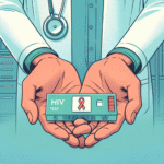 Informativt helsebilde: nærbilde av hendene til en helsearbeider som holder en testkassett for HIV, rolige blå- og grønntoner, vennlig klinikkmiljø