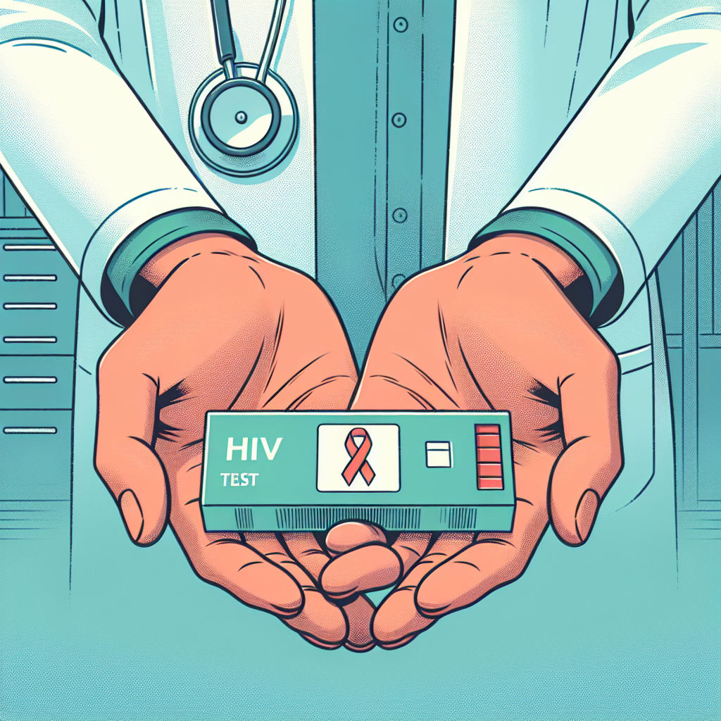 Informativt helsebilde: nærbilde av hendene til en helsearbeider som holder en testkassett for HIV, rolige blå- og grønntoner, vennlig klinikkmiljø