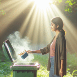 En rolig, inspirerende scene med en person som kaster en pakke sigaretter i en søppelbøtte, morgensol, frisk luft og grønne omgivelser, symbol på ny start og helse