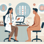 Informativ illustrasjon om syfilis: lege som forklarer testing til pasient, testutstyr og nøytralt, profesjonelt fargevalg