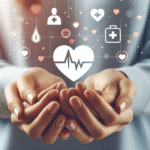 Nærbilde av hender som gir førstehjelp, hjertemotiver og helseikon i bakgrunnen, rolig fargepalett, informativt omslagsbilde
