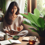 Rolig, innbydende scene: person som sitter ved et vindu med en kopp te, notatbok og mykt lys, grønn plante i bakgrunnen, følelse av ro og selvomsorg